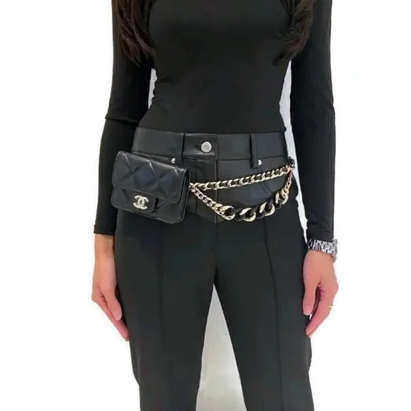 Authentic CHANEL Black Lambskin Mini Clutch Belt Waist Bag Gold Hardware - Picture 11 of 15